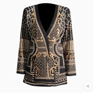COPY - OPULENT PEARL BEADED SINGLE BREASTED V NECK COLLARLESS LONG BLAZER - GOLD